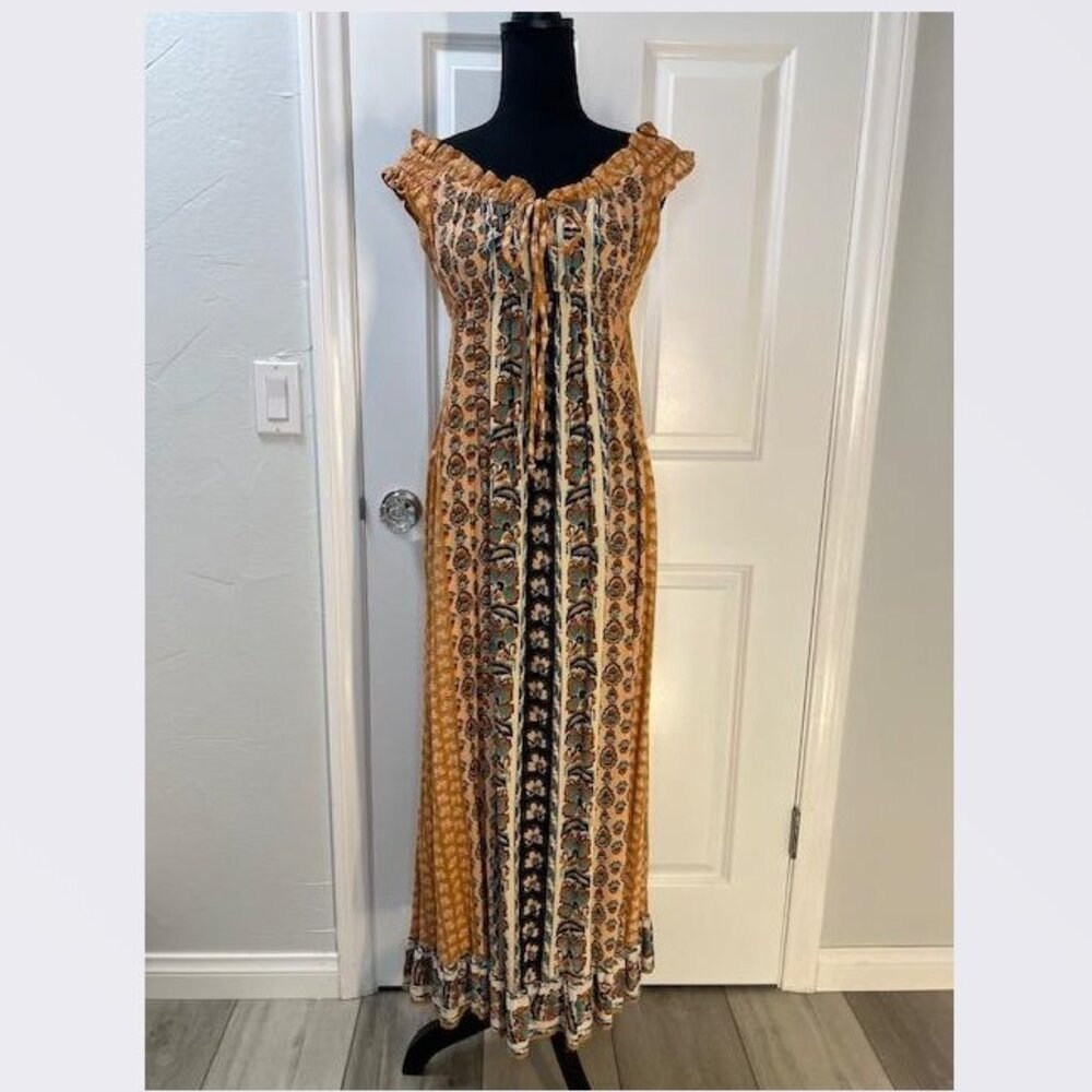 Angie Cap Sleeve Tie Bust Midi Dress in Honey/Cream Motif – Size Small - NWT